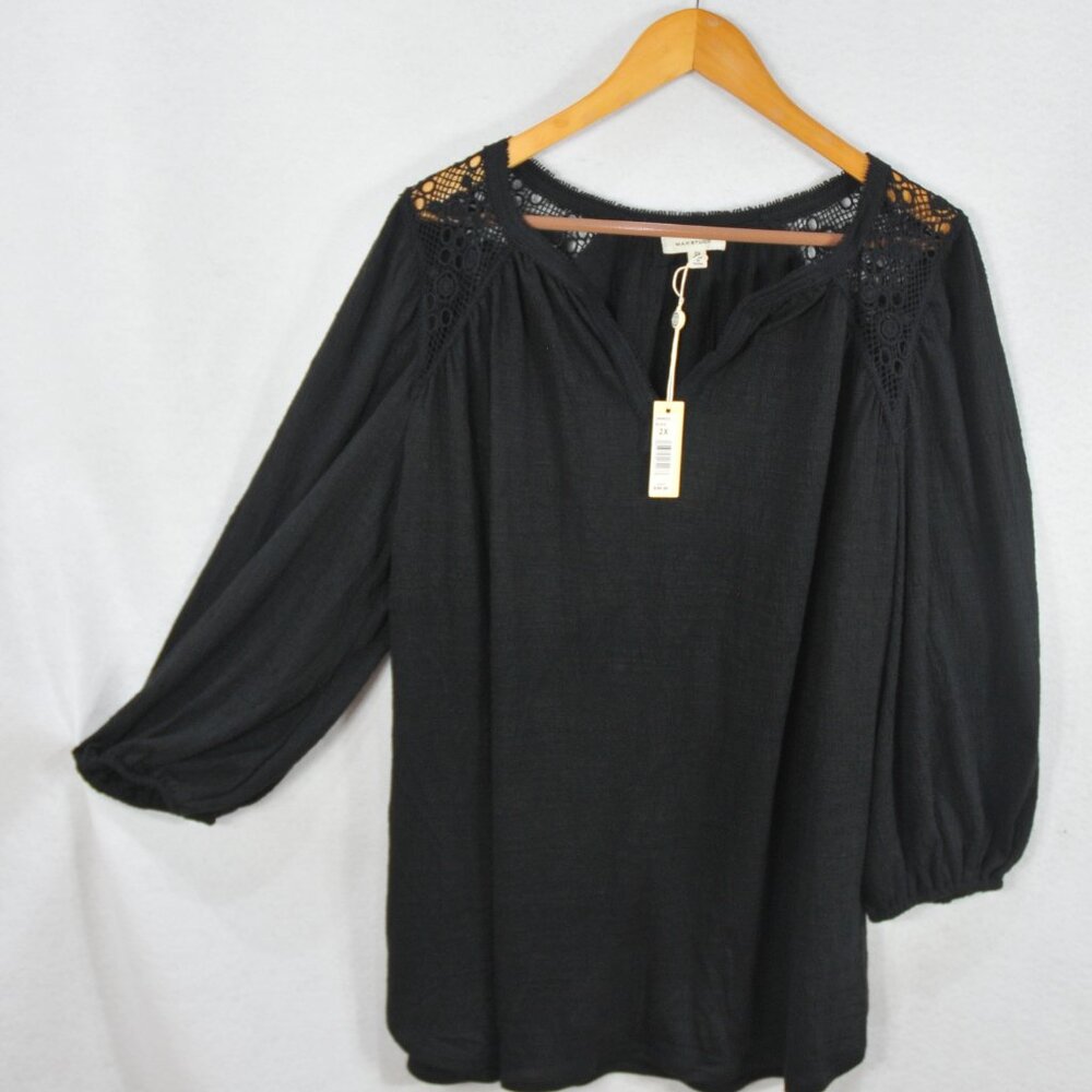 Max Studio Women's Blouse 2X Black Lace Crochet 3/4 Sleeve Shirt Top